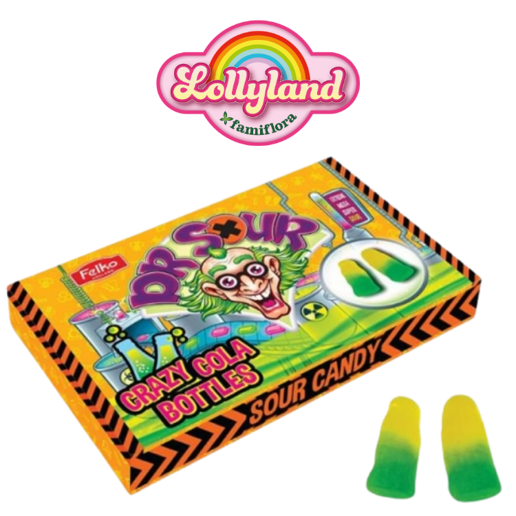 Lollyland logo above box of Dr Sour 'Crazy Cola Bottles' sour green-and-yellow bottle-shaped sweets with two sweets displayed