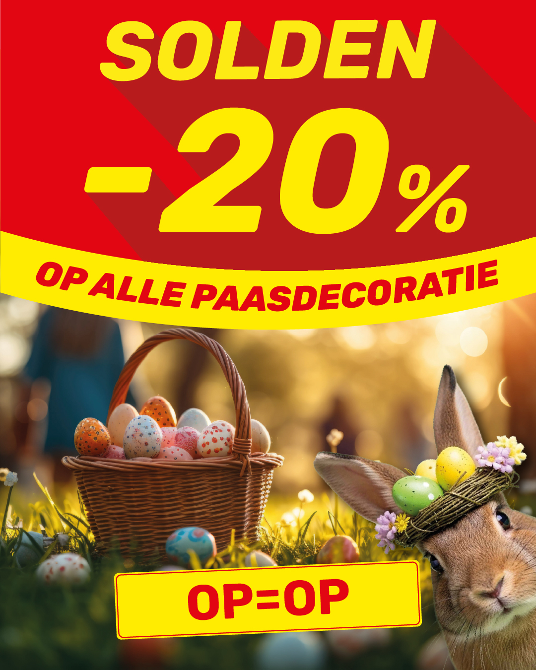 Bright Easter sale banner showing large “-20%” discount and SOLDEN text, basket of painted eggs on grass and a bunny wearing an egg crown