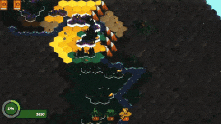 Collage of nine video-game screenshots showing hex-tile strategy map, pizza-making UI with toppings, and a domed futuristic city on a red desert planet