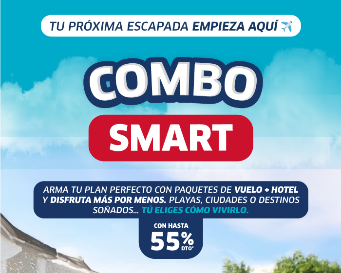 Promotional travel poster 'COMBO SMART' advertising flight plus hotel packages and up to 55% off for beach or city escapes