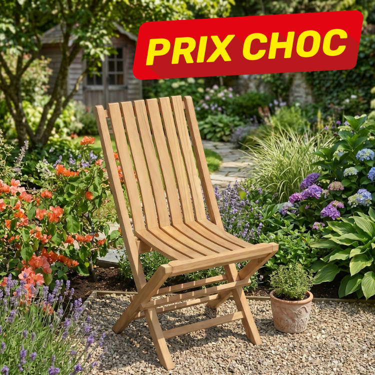 Folding teak garden chair on gravel in colourful cottage garden with lavender, hydrangeas and sale banner PRIX CHOC
