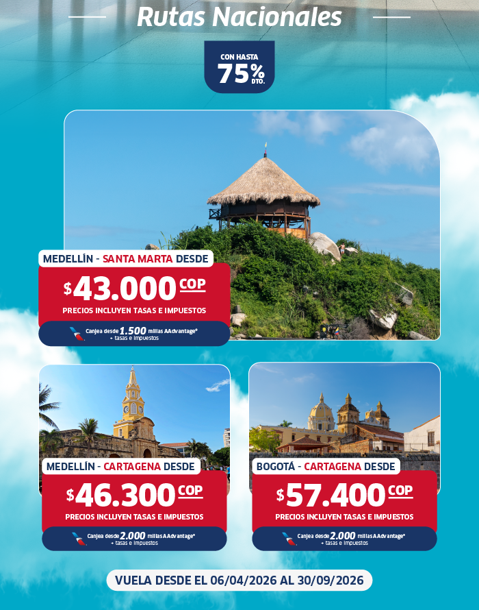 Promotional banner showing Colombian national routes to Santa Marta and Cartagena from Medellín and Bogotá with prices and travel dates