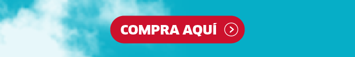Red button labelled 'COMPRA AQUÍ' (Buy here) on a teal cloudy background — call-to-action shopping link