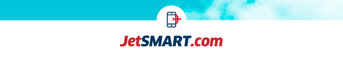JetSMART.com website logo featuring red and blue text with aeroplane icon over a blue sky background