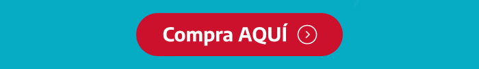 Red rounded button labelled 'Compra AQUÍ' with a white chevron, on a teal background — buy here call-to-action