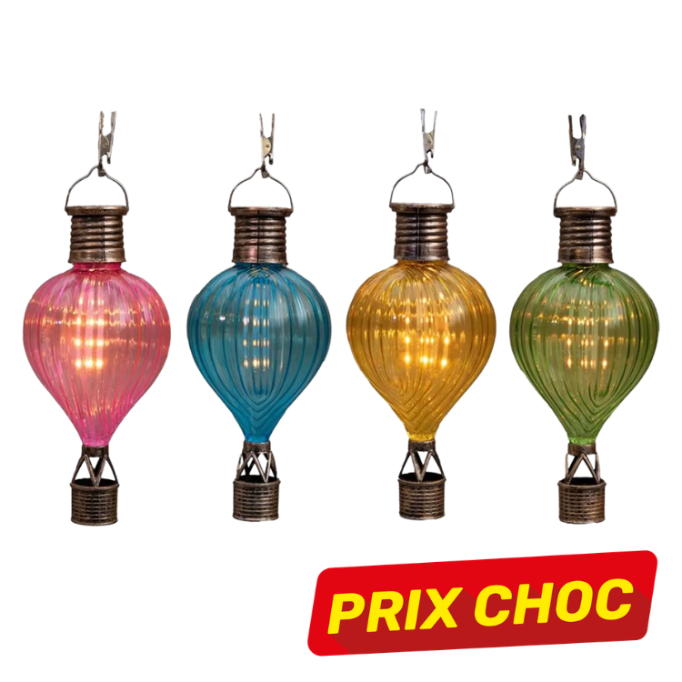 Set of four hanging ribbed glass LED lights shaped like hot-air balloons in pink, blue, yellow and green with PRIX CHOC label