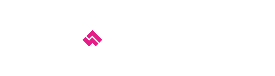 Small pink geometric double-chevron logo pointing upward on a white background, abstract brand mark
