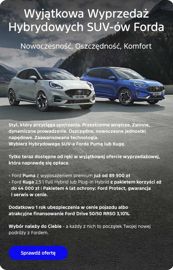 Na zdj?iu Ford Puma, ST-Line X i Ford Kuga Hybrid ST-Line X z wyposa?eniem opcjonalnym.