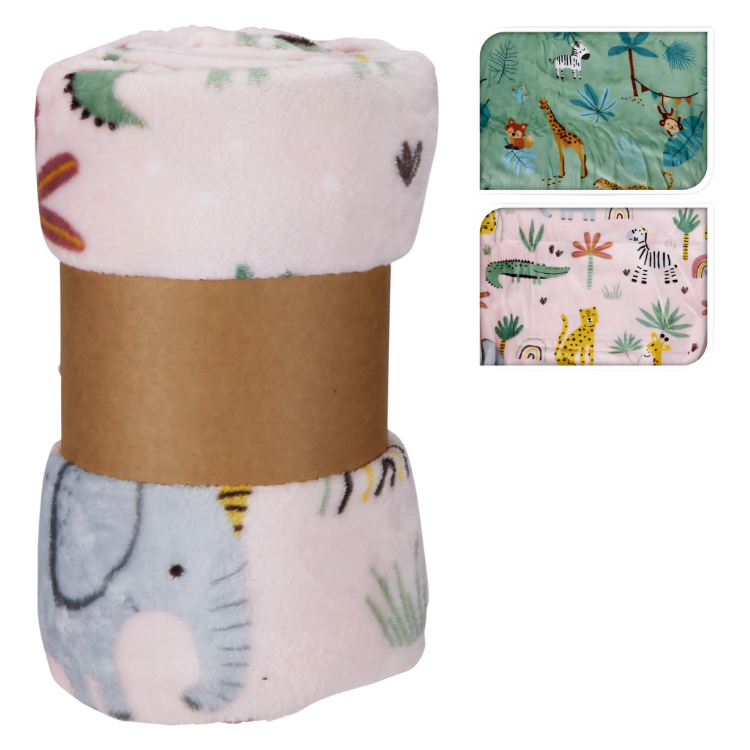 Soft pink plush baby blanket roll with elephant and jungle animal prints, rolled with kraft paper band, cosy nursery throw