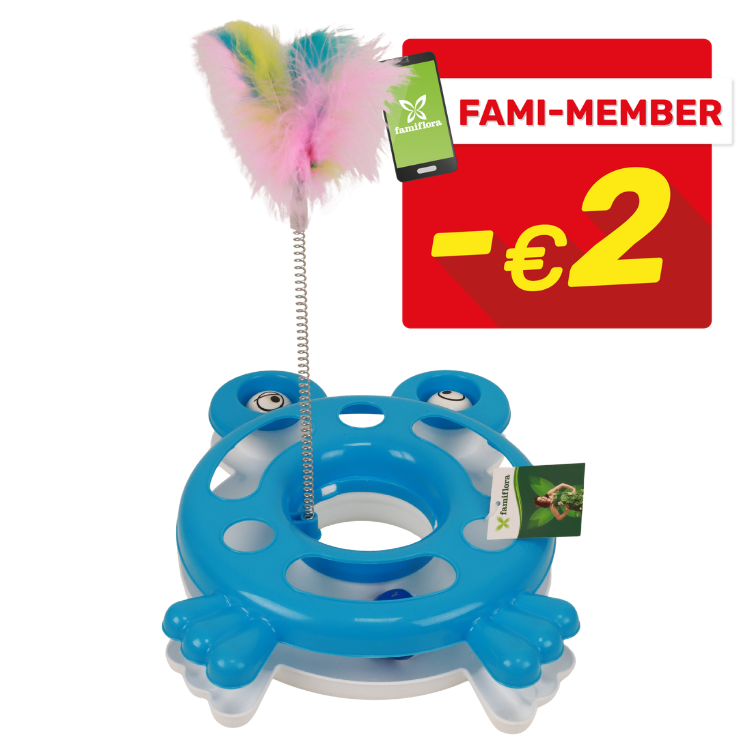 Blue circular cat toy shaped like a frog with spring-mounted multicoloured feather teaser and FAMI-MEMBER -€2 discount badge