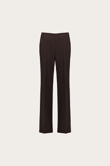 Tailored dark brown women's straight-leg trousers, front view on neutral background, high-waist formal pants
