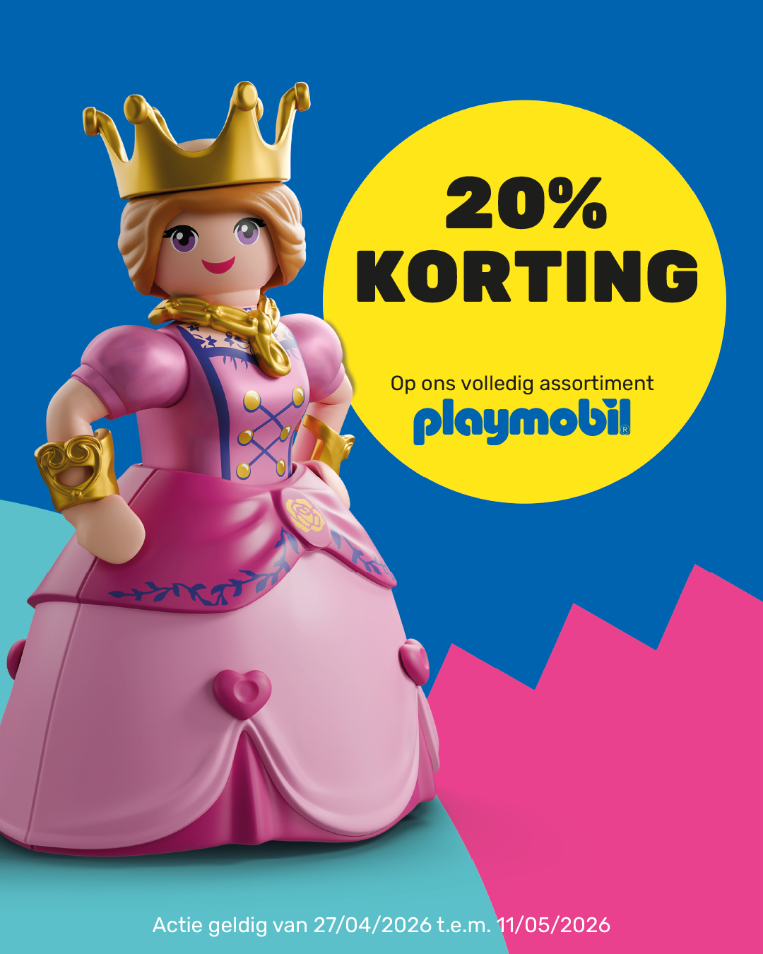 Playmobil princess figure beside a yellow badge reading '20% korting' with Playmobil logo, advertising a limited-time sale