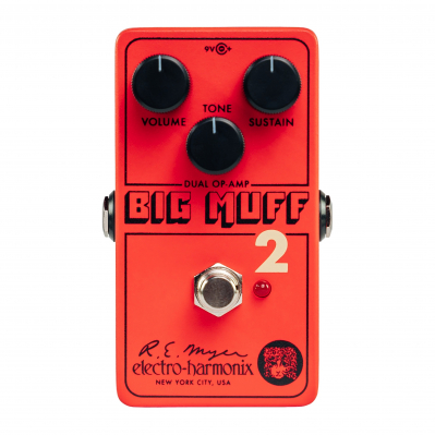 Red Electro-Harmonix Big Muff 2 guitar fuzz pedal with Volume, Tone and Sustain knobs and footswitch