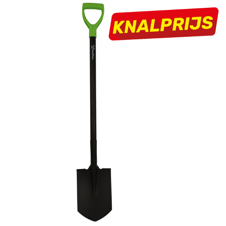 Long-handled garden shovel with green D-handle and black shaft and blade, with red 'KNALPRIJS' sale badge