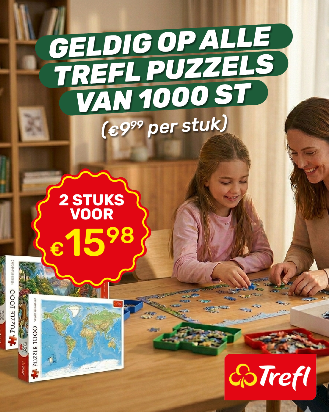 Woman and girl building Trefl 1000-piece world map puzzle at a table with promotional price badge and Trefl logo.