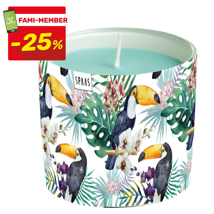 Tropical scented candle in decorative tin with watercolor toucan print and pale blue wax, Fami‑member -25% offer