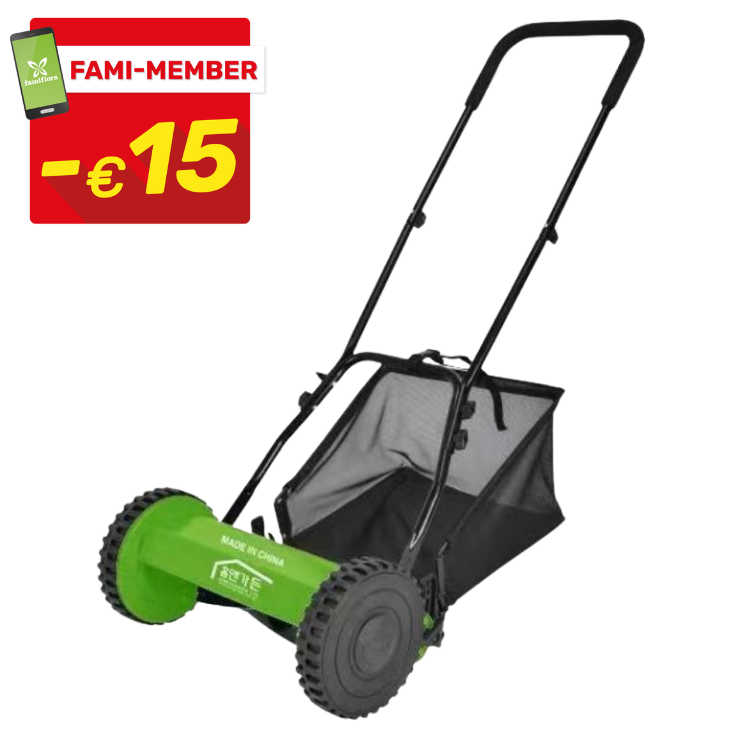 Manual reel lawn mower with green cylinder and black mesh grass catcher and foldable handle, Fami-member €15 discount badge