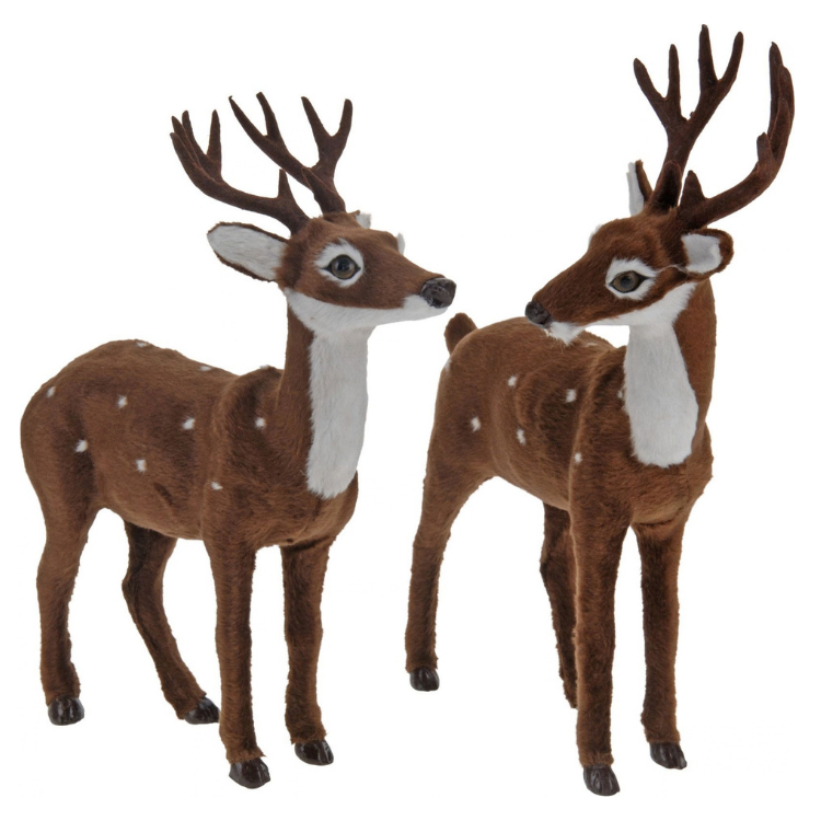 Pair of brown plush deer with white spots and antlers standing on a white background
