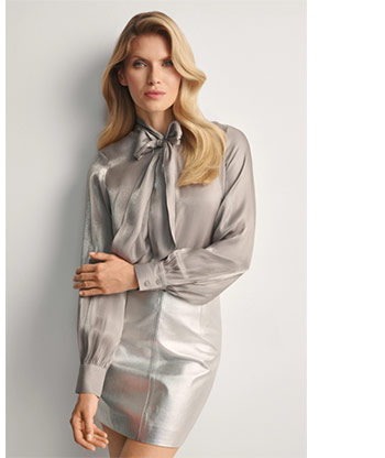 Srebrna bluzka damska z wiązaniem