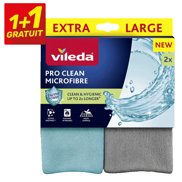 Vileda Pro Clean microfibre cloths 2-pack (1+1 free), extra-large blue and grey cloths in water-splash packaging