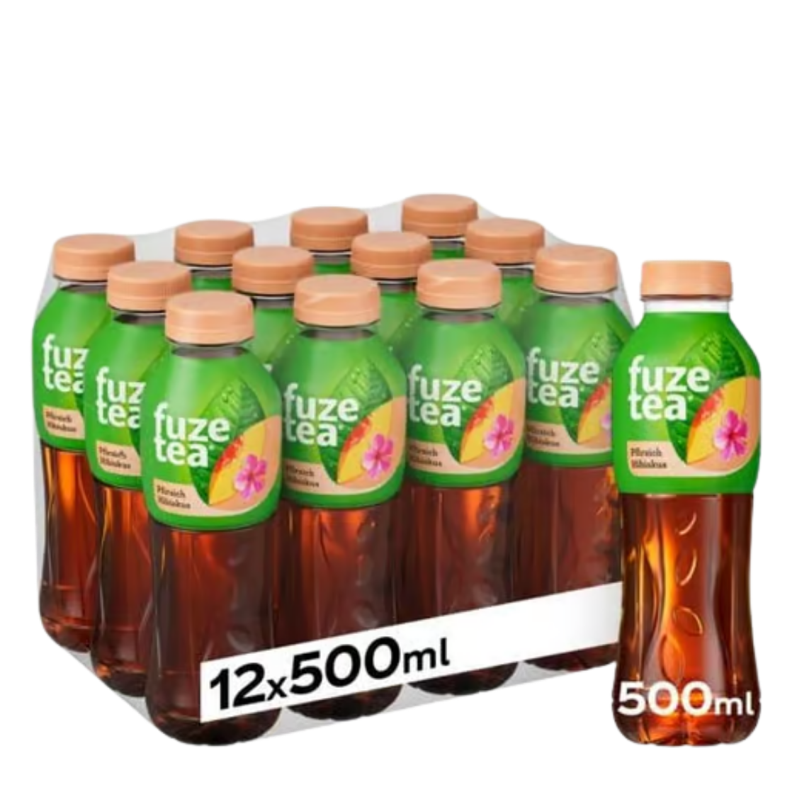 Pack of 12 Fuze Tea Peach Hibiscus 500ml bottles with green labels and peach-coloured caps