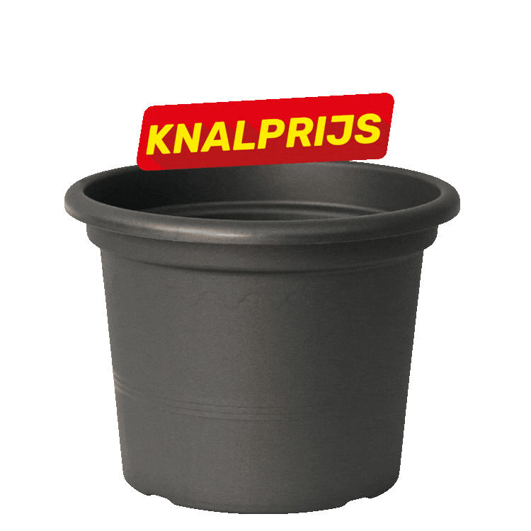 Three round plastic plant pots in dark grey and taupe with red 'KNALPRIJS' sale labels on a white background