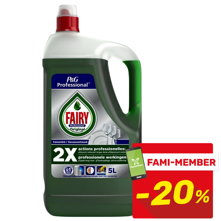 Fairy Professional Original concentrated dishwashing liquid 5L bottle with handle and Fami-Member -20% badge