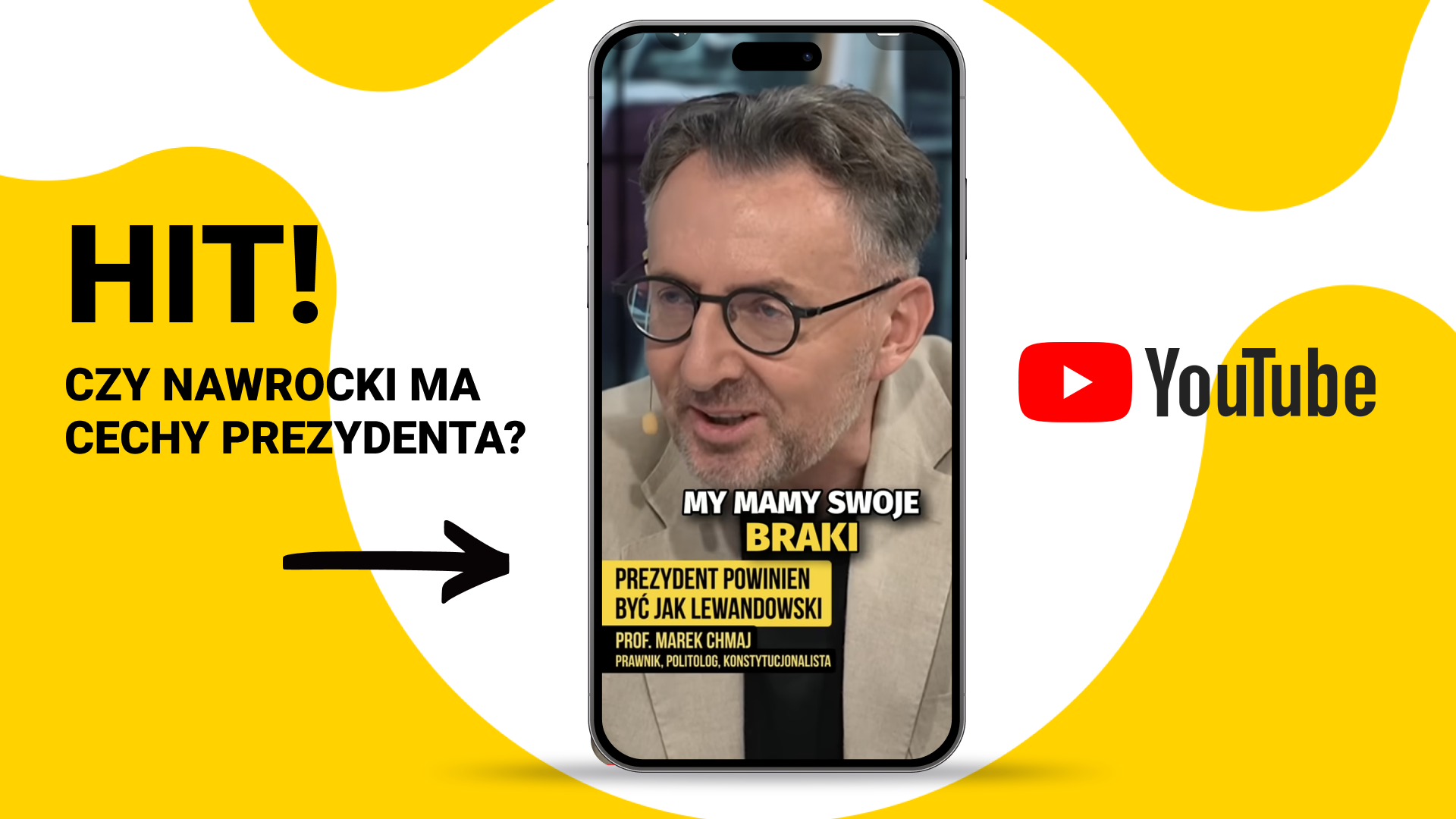 Miniatura wideo YouTube: zbliżenie mężczyzny w okularach na ekranie smartfona, tekst o cechach prezydenta