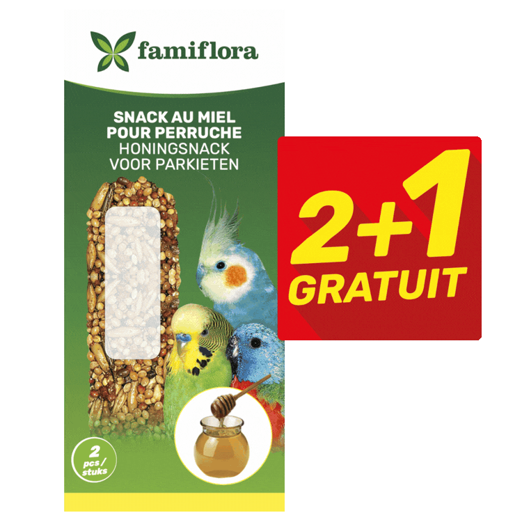 Famiflora bird snack packages for canaries and parrots showing assorted seed, nut and honey treats with red "2+1 Gratuit" promotional labels