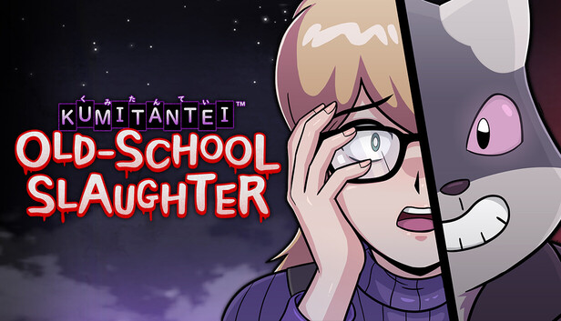 Game cover showing a split-faced anxious woman adjusting her glasses beside a grinning animal mask, with 'Old-School Slaughter' logo