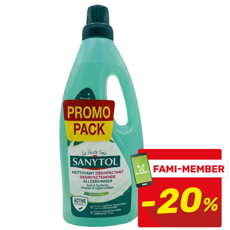 Bottle of Sanytol eucalyptus disinfectant multi-surface floor cleaner promo pack with FAMI‑MEMBER -20% badge