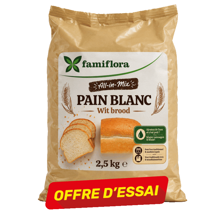 Seven Famiflora 2.5 kg bread mix bags (Pain Blanc, Pain Gris, Pain Maya, Pain Luxe) displayed with red 'Offre d'essai' trial banners
