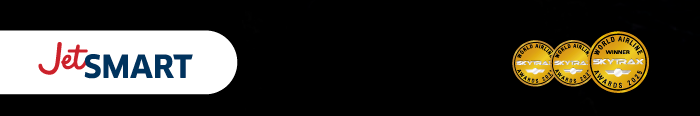 JetSMART airline logo on black banner with three gold World Airline Awards winner badges