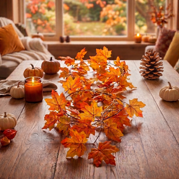 Cosy autumn table centerpiece with orange maple leaf garland, small pumpkins, lit candle and pine cone by window