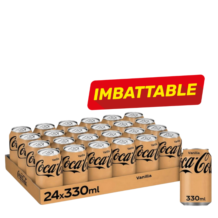 Tray of 24 Coca‑Cola Vanilla 330ml cans in beige packaging with a red 'IMBATTABLE' promotional label
