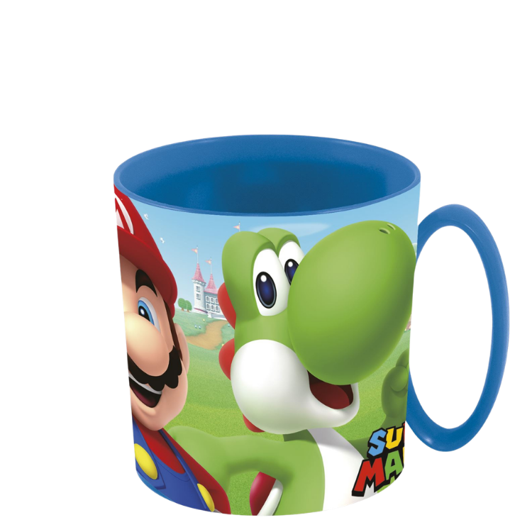 Blue-handled mug featuring colourful Super Mario and Yoshi characters with castle background, kids' ceramic cup