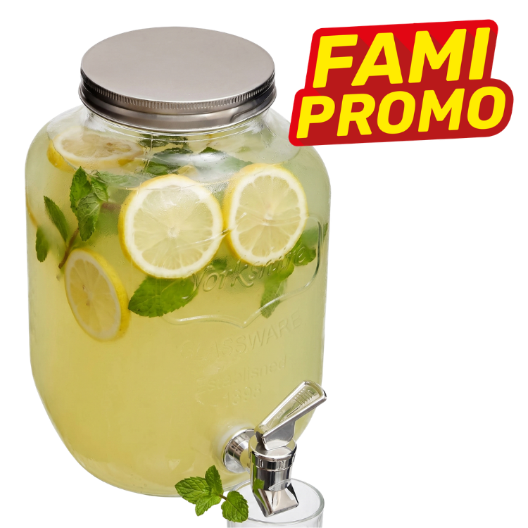 Glass beverage dispenser filled with lemon and mint lemonade, metal lid and tap, with a red FAMI PROMO promotional badge