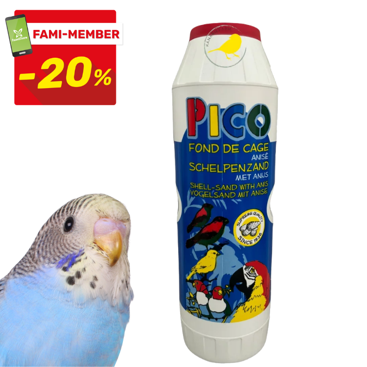 PICO shell‑sand with anise bottle for birds beside a blue budgerigar and Fami‑Member -20% discount badge