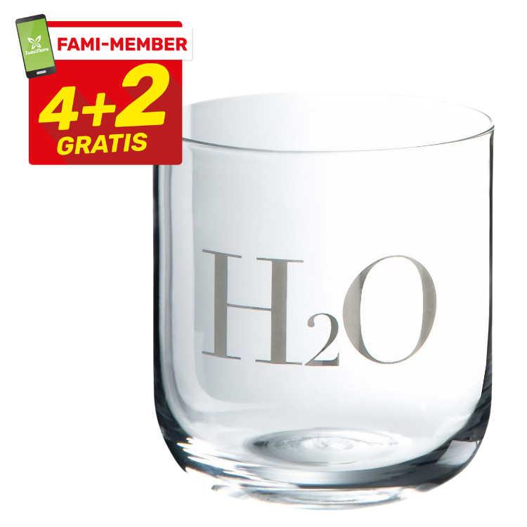 Clear glass tumbler engraved with "H2O" and FAMI‑MEMBER promotional badge showing 4+2 gratis offer