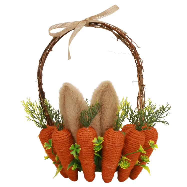 Easter basket with rustic wicker handle, faux bunny ears and twine-wrapped decorative carrots with green foliage