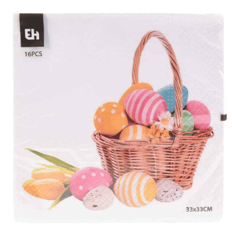 Two Easter paper napkins: left a wicker basket of colourful decorated eggs and tulips, right a floral wreath with a brown rabbit and painted eggs