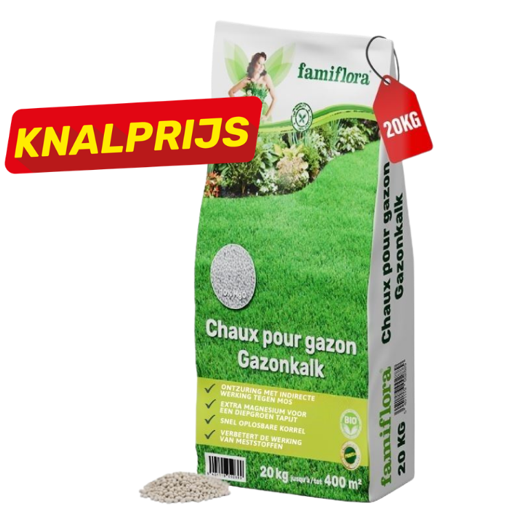 20kg Famiflora lawn lime (gazonkalk) bag with red 'KNALPRIJS' sale tag and spilled granules