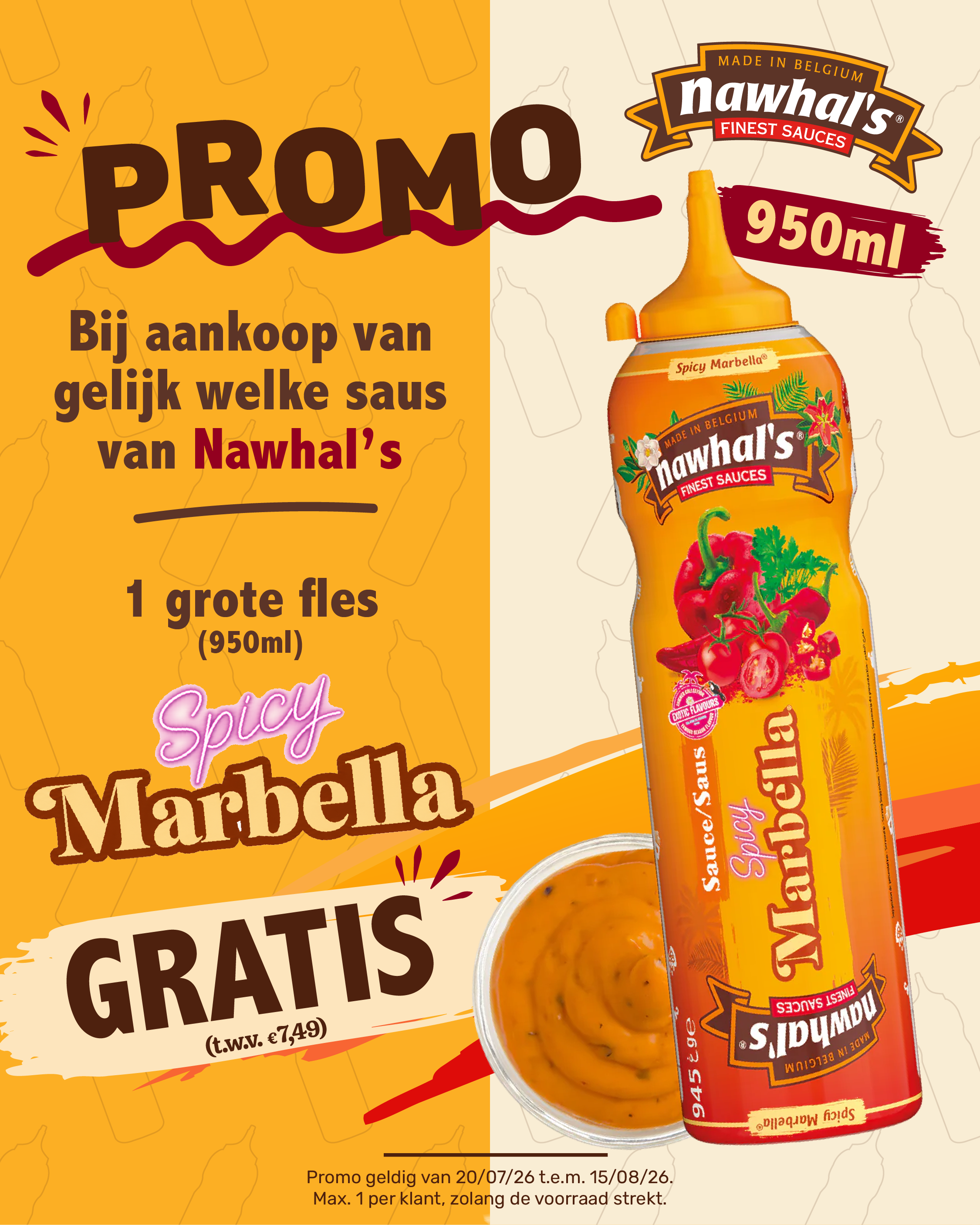 Promotional poster showing a 950ml bottle of Nawhal's Spicy Marbella sauce with dipping bowl, 'Gratis' offer text