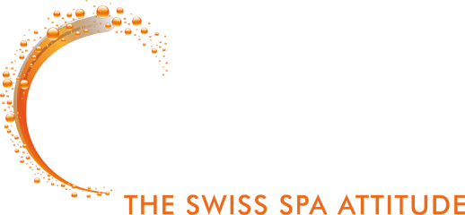 Orange bubble crescent logo and orange text 'THE SWISS SPA ATTITUDE', representing a Swiss spa brand and wellness
