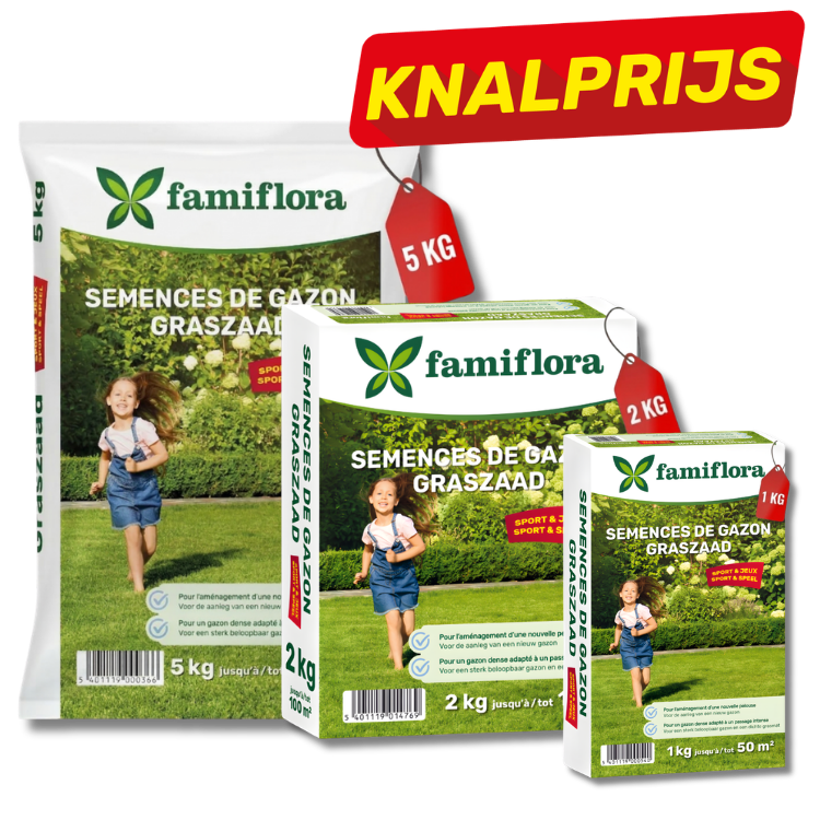 Famiflora grass seed packs (5 kg, 2 kg, 1 kg) showing a child running on a lawn and a red 'Knalprijs' promo tag