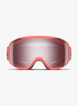 Front view of coral-pink ski goggles with reflective rose-tinted lens and adjustable patterned strap on white background