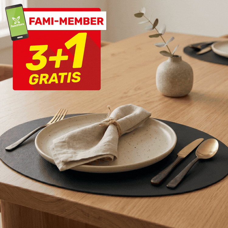 Two modern table settings on a wooden dining table with ceramic plates, tied linen napkins, cutlery and small vases, showing Fami‑Member 3+1 Gratis offer