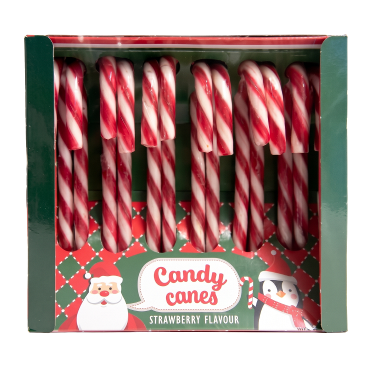Box of red-and-white striped strawberry-flavour candy canes in green festive packaging with Santa and penguin illustration