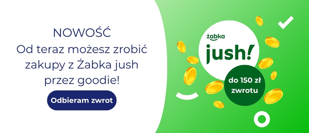 Promotional banner for Żabka jush via Goodie offering up to 150 zł cashback, green design with flying coins and call-to-action