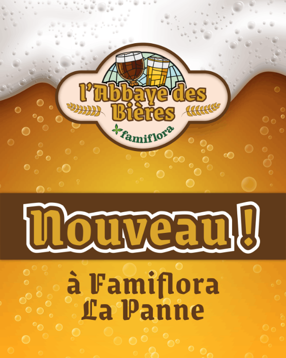 L'Abbaye des Bières logo over frothy amber beer background with bold 'Nouveau! à Famiflora La Panne' announcement